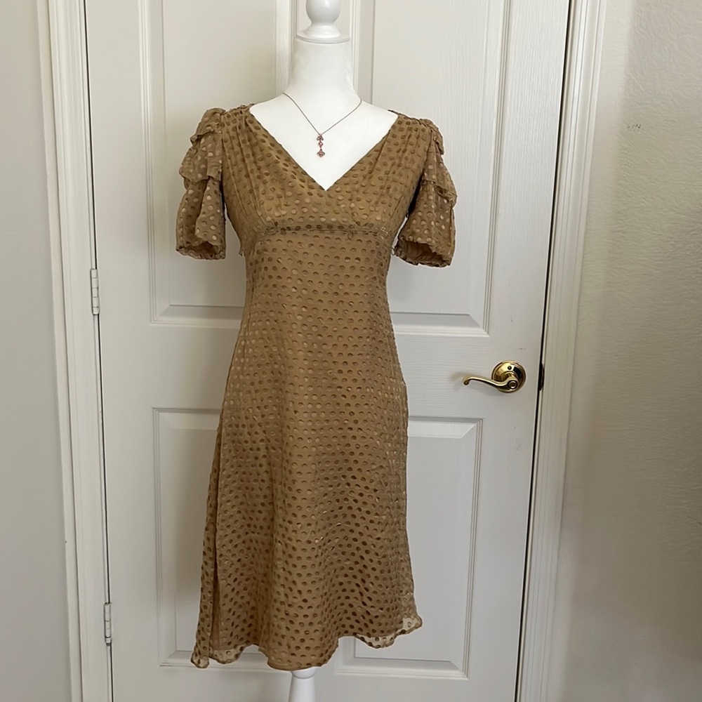 Camel colored polkadot Betsey Johnson ruffle sleeve dress